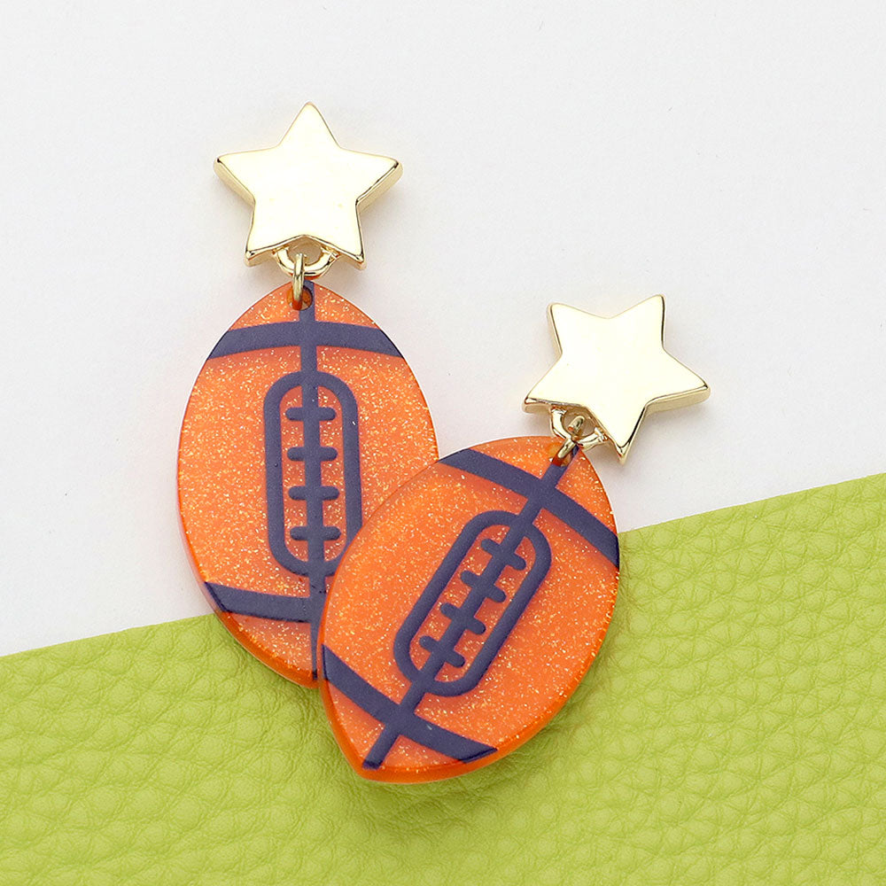 Navy, Orange Glittered Resin Game Day Football Dangle Earrings
