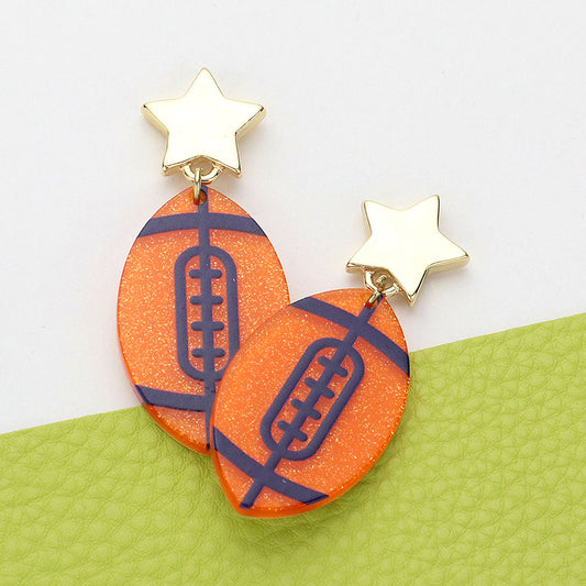 Navy, Orange Glittered Resin Game Day Football Dangle Earrings