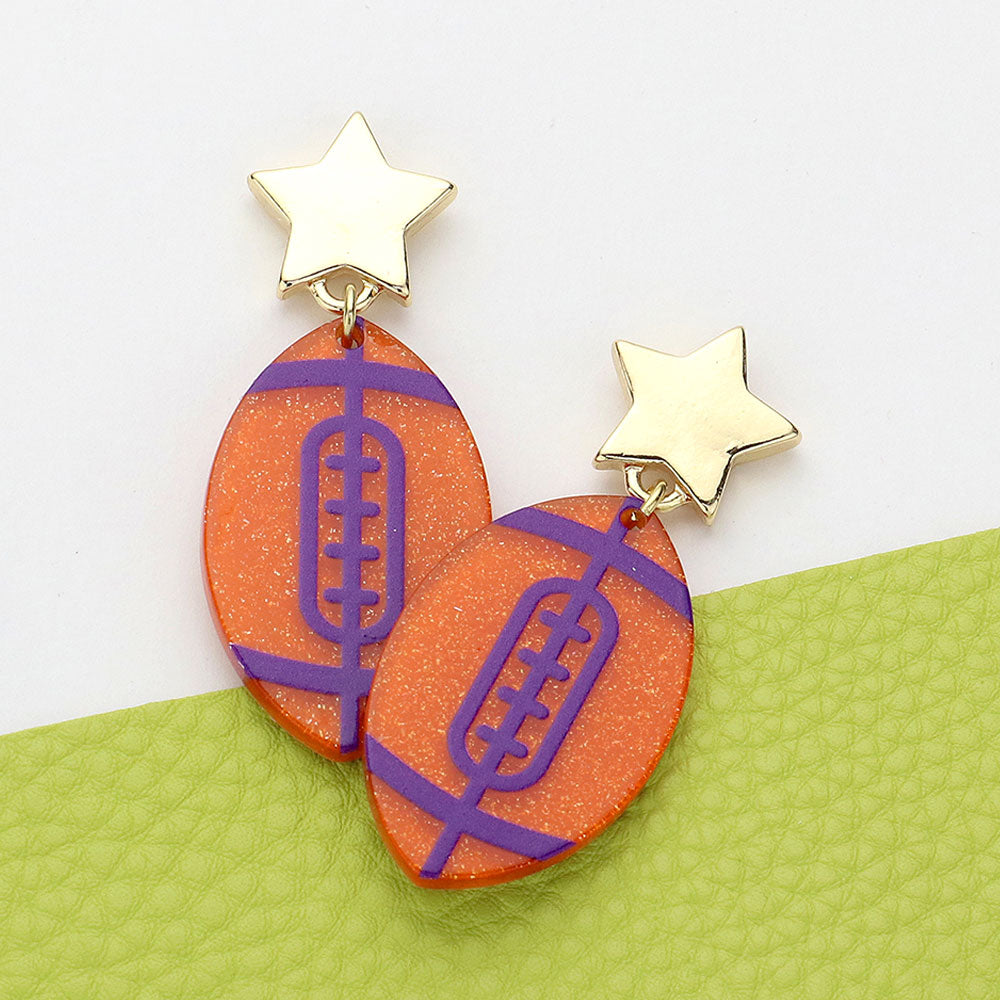 Orange, Purple Glittered Resin Game Day Football Dangle Earrings