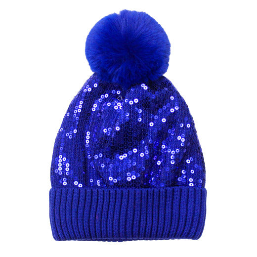 Glitzy Sequin Embellished Pom Pom Beanie Hat - Blue - Beanies