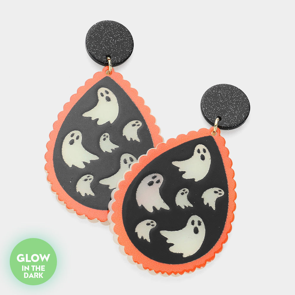 Black, Orange Glow In The Dark Ghost Pointed Teardrop Dangle Earrings
