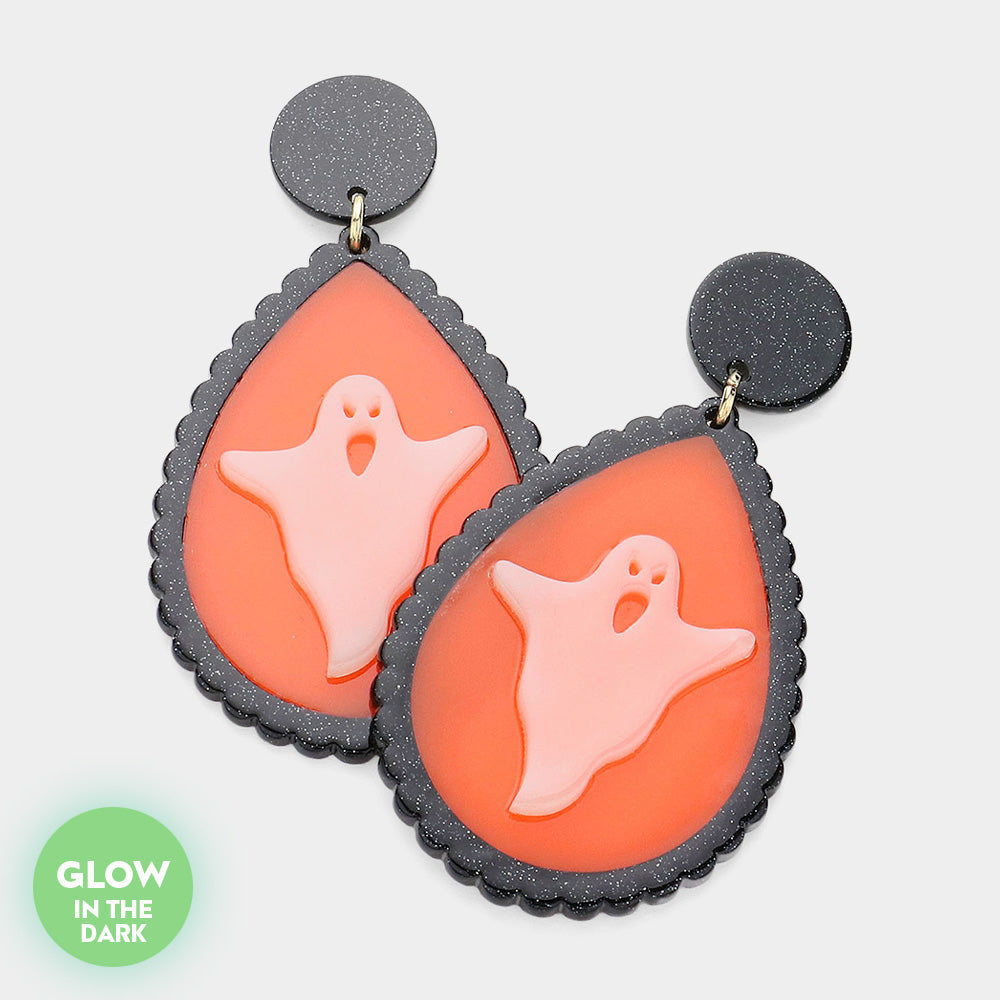 Orange Glow In The Dark Ghost Pointed Teardrop Dangle Earrings