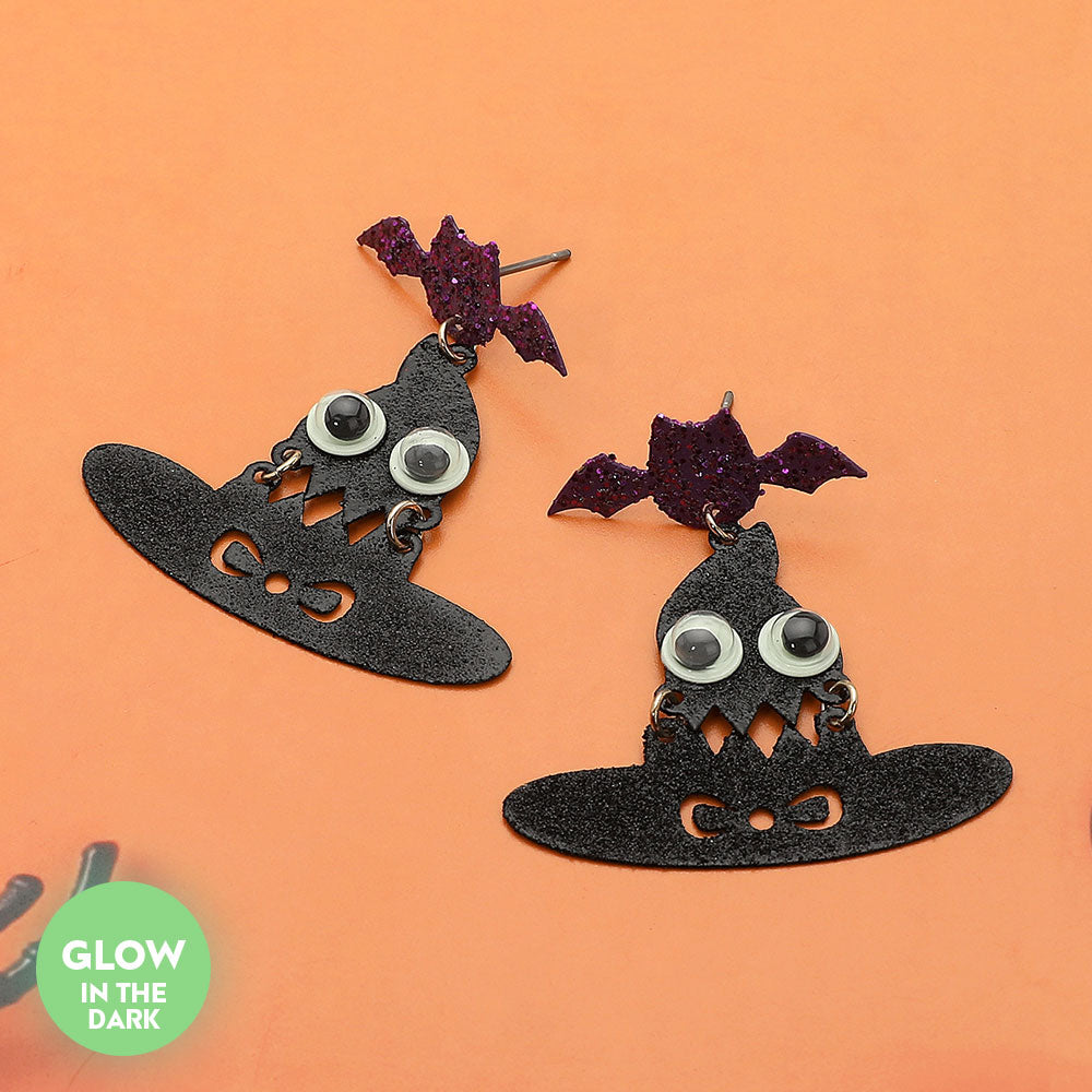 Black GLOW IN THE DARK Halloween Bat Witch Hat Dangle Earrings