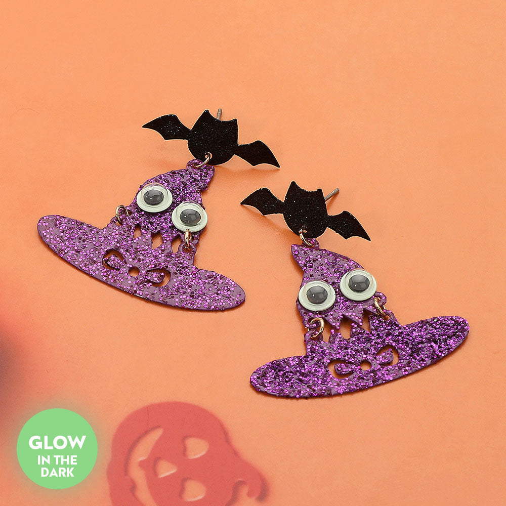 Purple GLOW IN THE DARK Halloween Bat Witch Hat Dangle Earrings