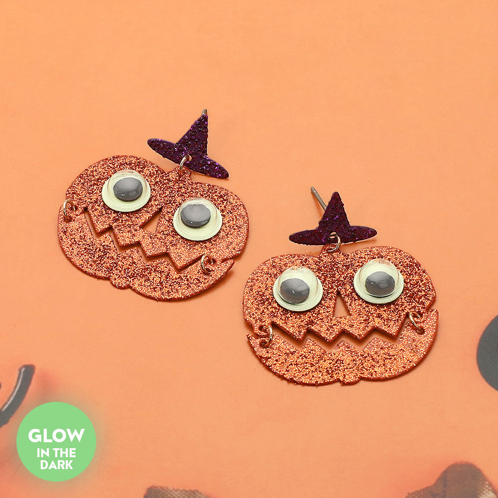 Orange GLOW IN THE DARK Halloween Pumpkin Face Dangle Earrings