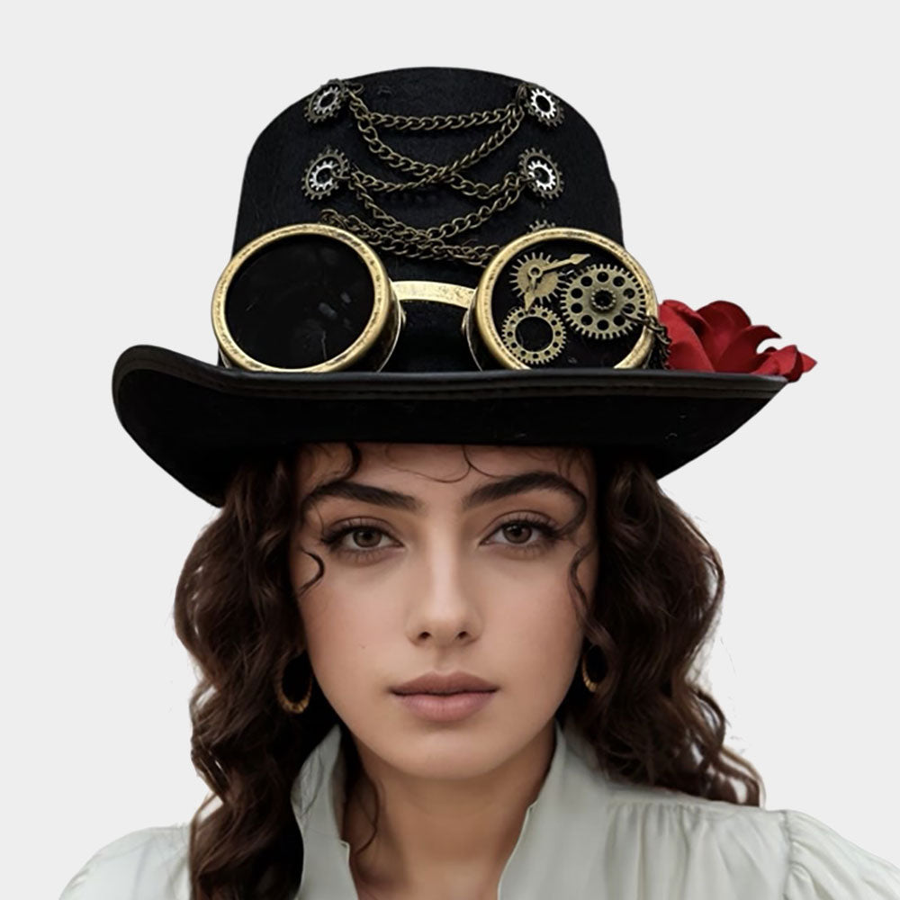 Black Goggles Hardware Chain Gear Accent Flower Spiked Steampunk Halloween Costume Hat