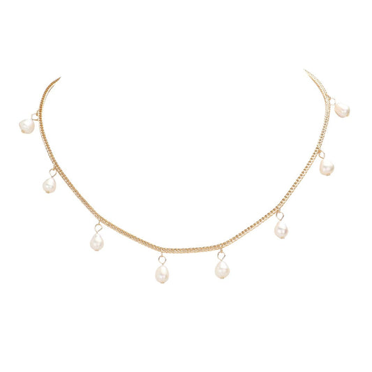 Pearl Station Necklace - Gold - Necklaces