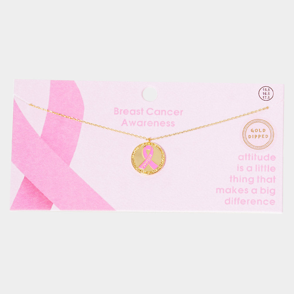 Gold Gold Dipped Enamel Pink Ribbon Accented Metal Disc Pendant Necklace