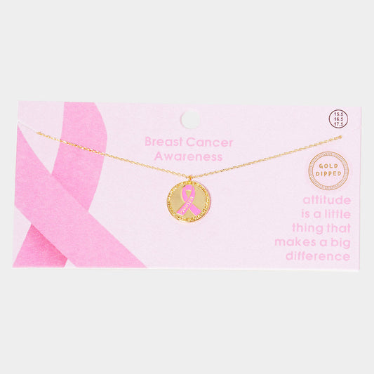 Gold Gold Dipped Enamel Pink Ribbon Accented Metal Disc Pendant Necklace