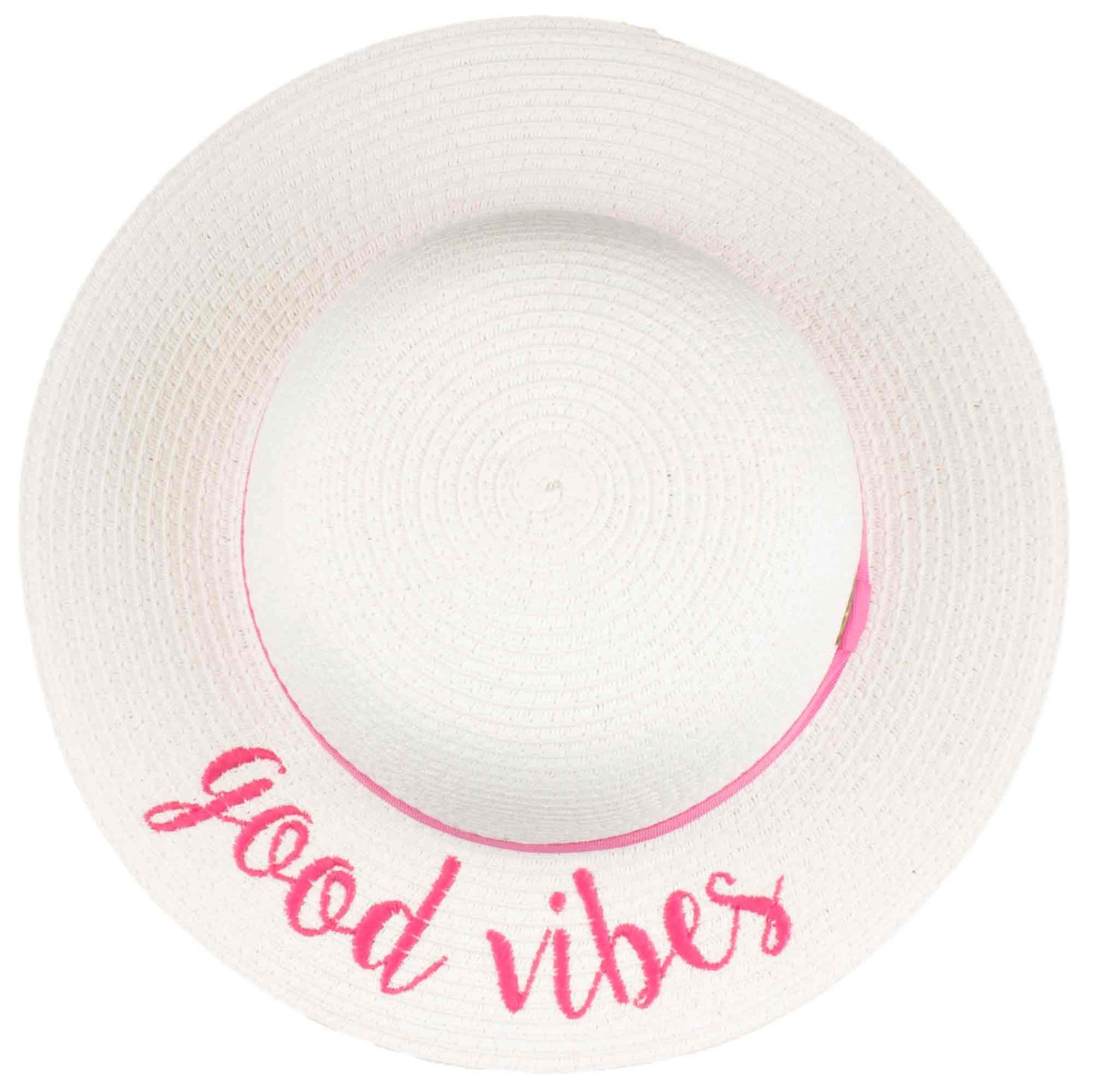 C.C Embroidered Brim Kids Straw Hat 100% Paper Straw Adjustable Strap