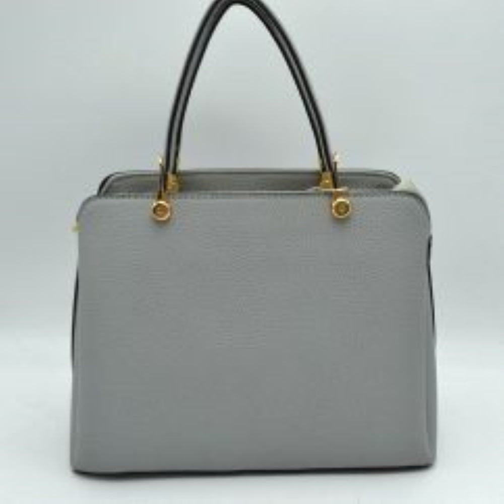 Gray This structured handbag is designed for everyday use, featuring dual arched top handles attached with round metallic hardware. The design includes multiple storage compartments to organize your belongings, featuring a central zippered closure alongside separate side compartments.