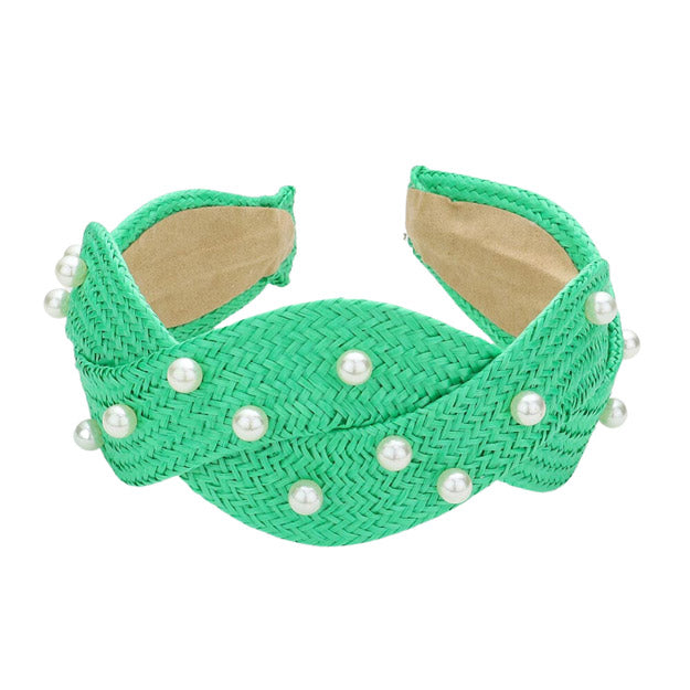 Green Headband Switch up your style with this Pearl Embellished Braided Straw Headband! This chic and unique accessory is perfect for adding a feminine touch to any look. Whether a basic outfit or looking to make a statement, this headband will keep you looking ready to step out! Perfect everyday wear, festivals, Birthday Gift, etc