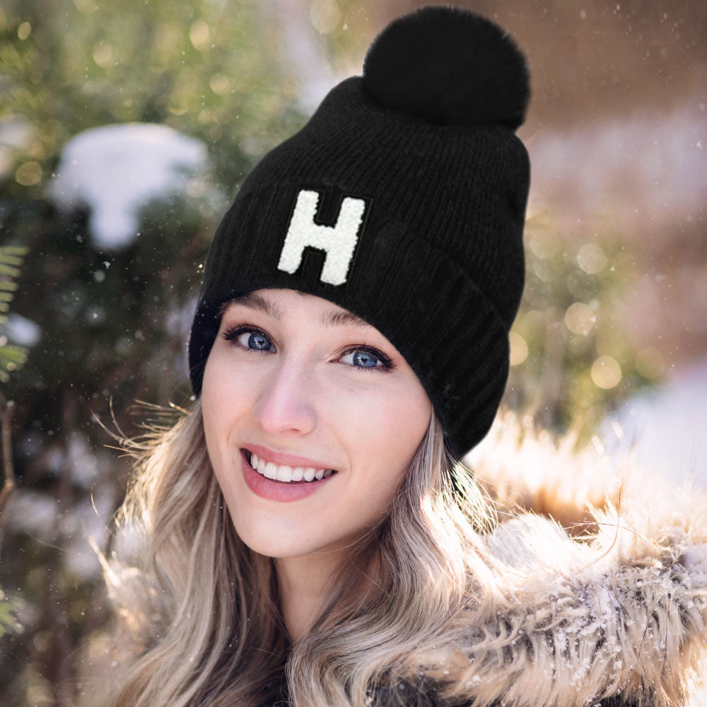 Black -H- Initial Monogram Faux Fur Pom Pom Knit Beanie Hat