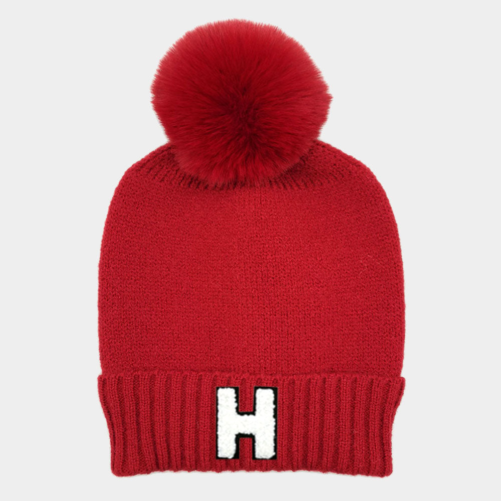 Burgundy -H- Initial Monogram Faux Fur Pom Pom Knit Beanie Hat