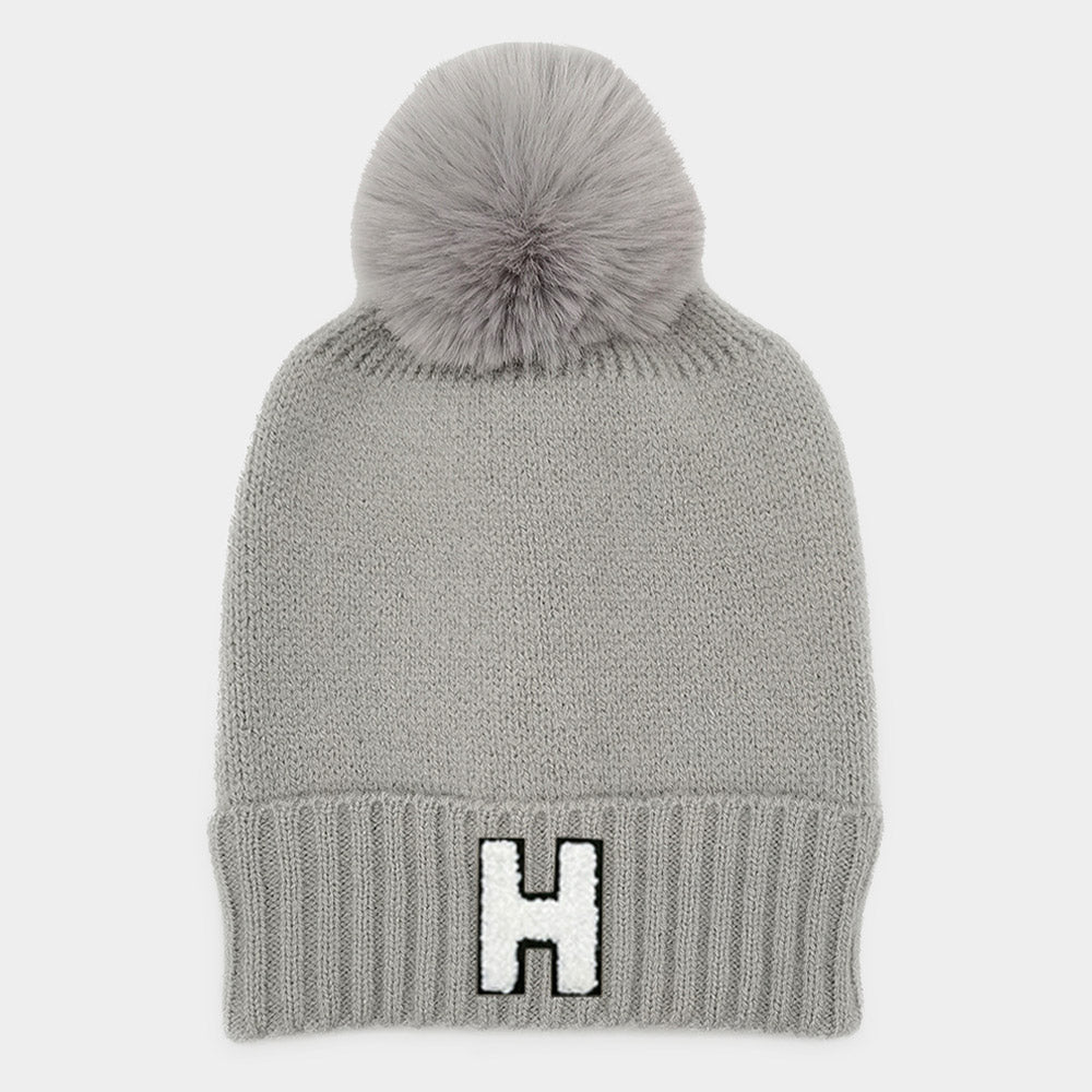 Gray -H- Initial Monogram Faux Fur Pom Pom Knit Beanie Hat
