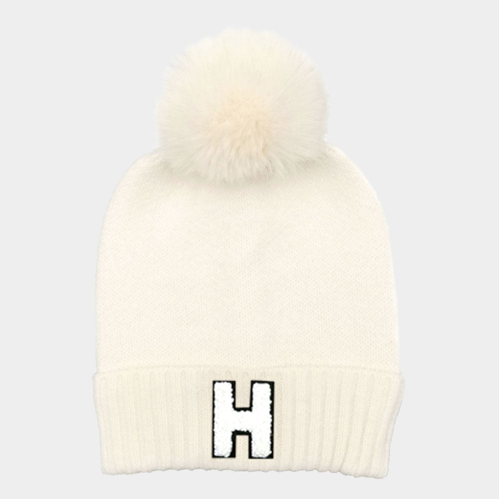 Ivory -H- Initial Monogram Faux Fur Pom Pom Knit Beanie Hat