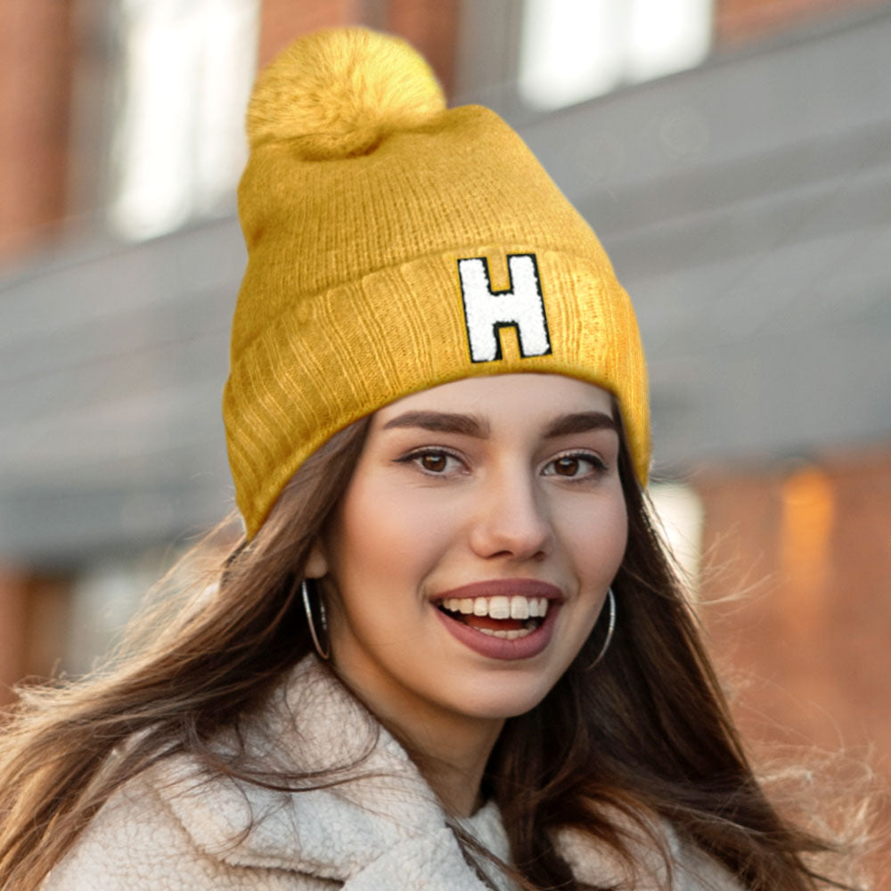 Mustard -H- Initial Monogram Faux Fur Pom Pom Knit Beanie Hat
