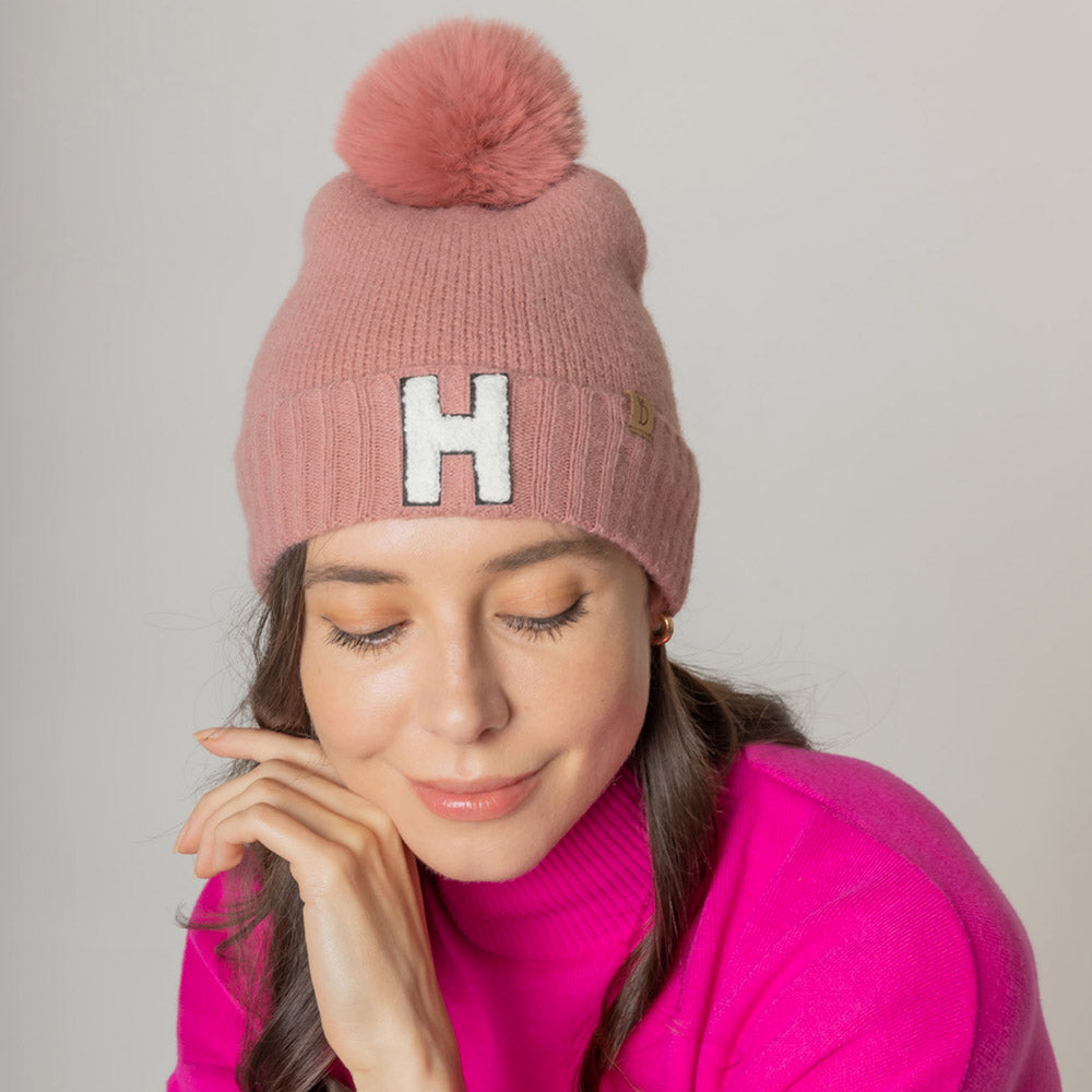 Pink -H- Initial Monogram Faux Fur Pom Pom Knit Beanie Hat