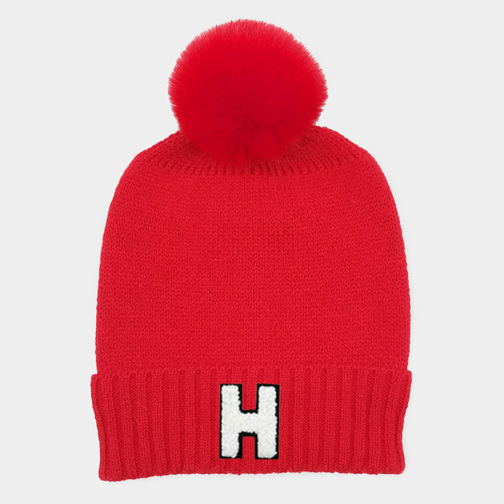 Red -H- Initial Monogram Faux Fur Pom Pom Knit Beanie Hat