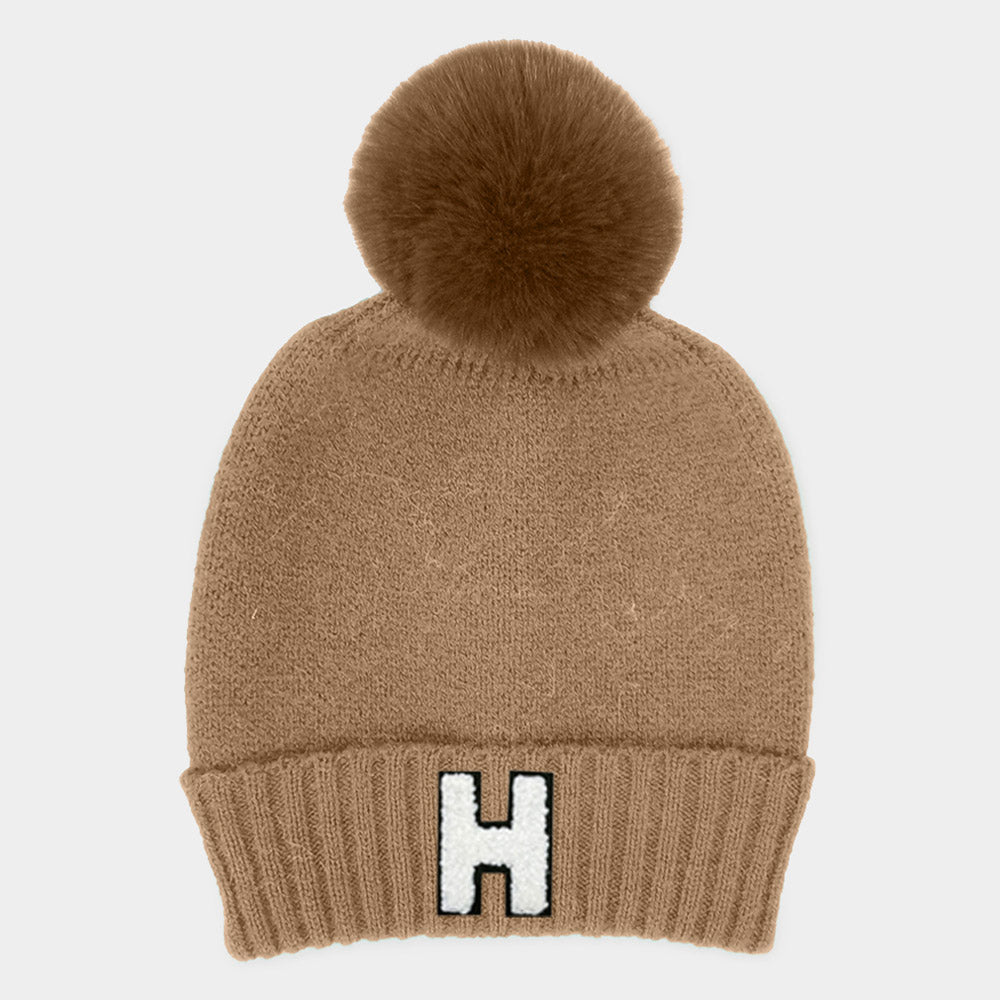 Taupe -H- Initial Monogram Faux Fur Pom Pom Knit Beanie Hat