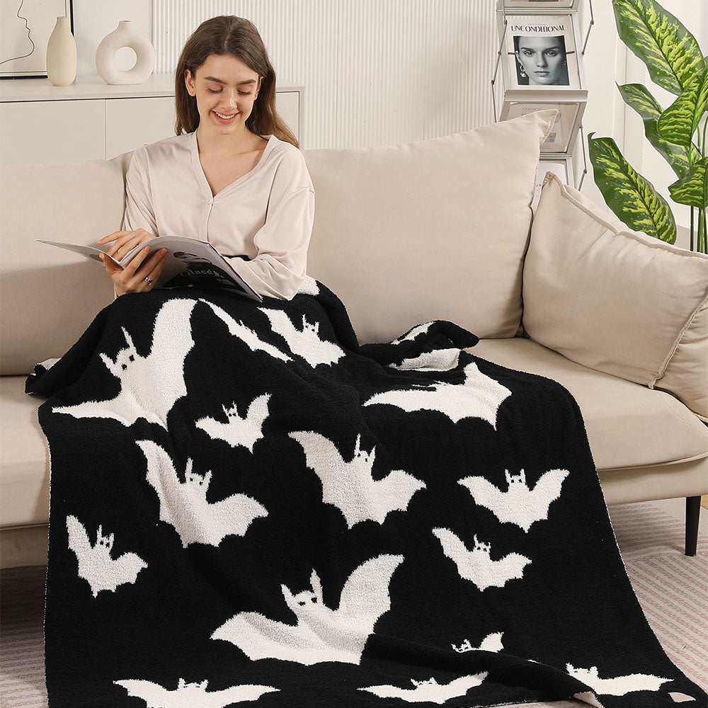 Black Halloween Bat Patterned Reversible Throw Blanket
