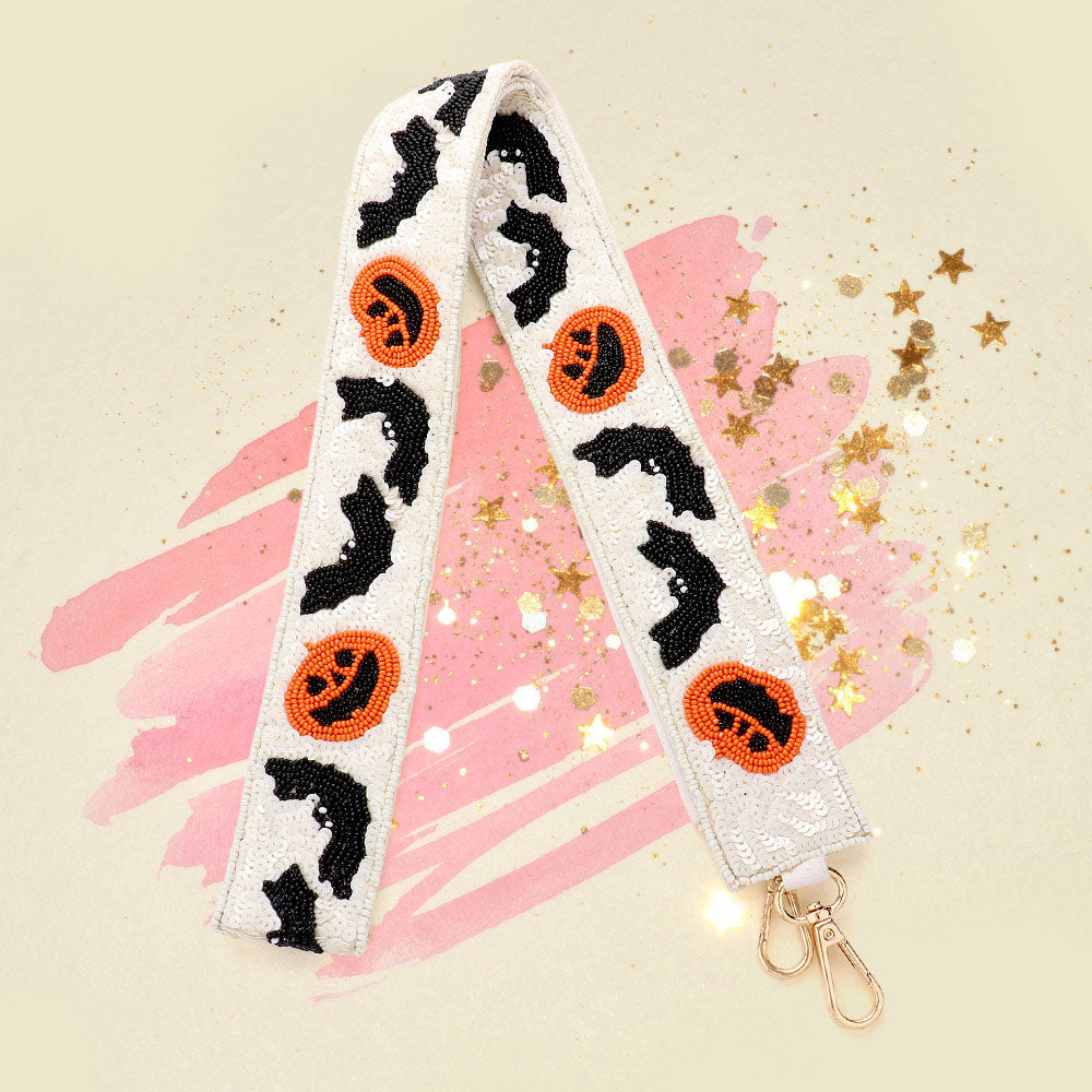White Halloween Bat Pumpkin Seed Beaded Bag Strap