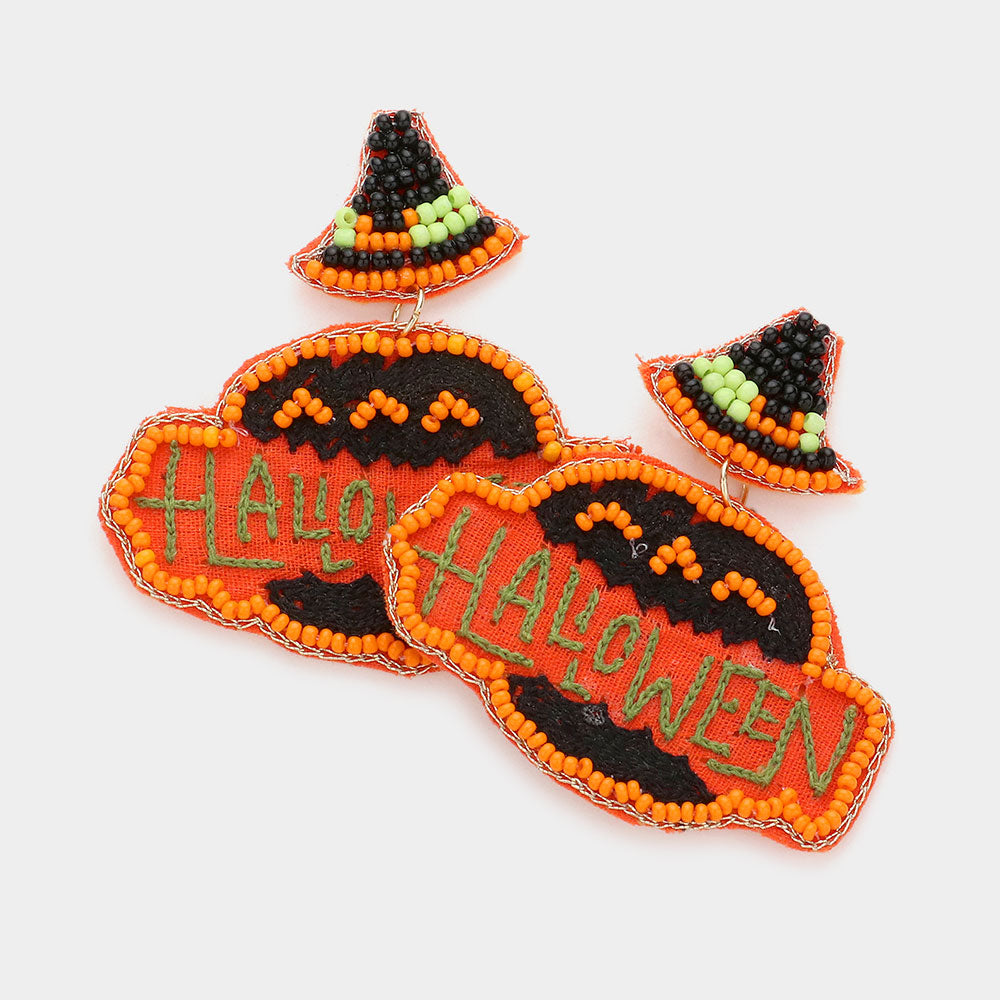Orange Halloween Message Felt Back Seed Beaded Witch Hat Pumpkin Link Dangle Earrings