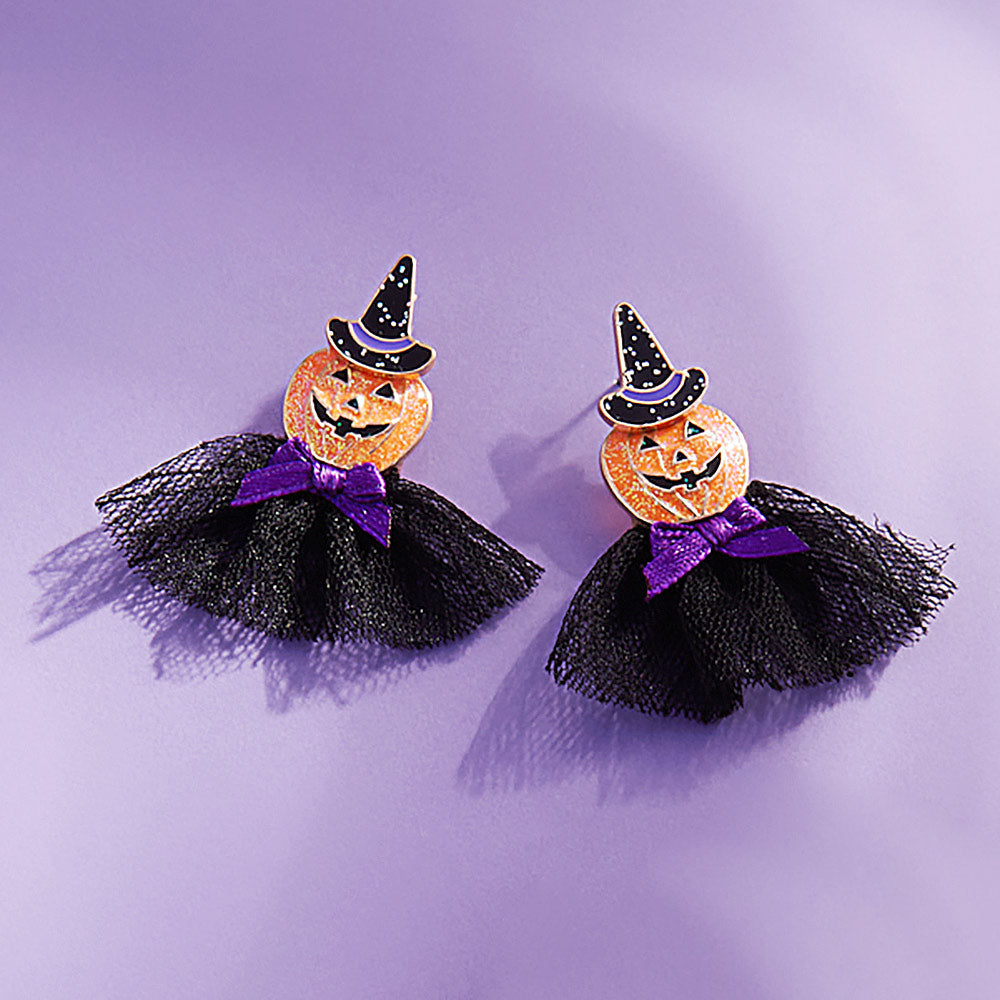 Jet Black Halloween Pumpkin with Bow Earrings