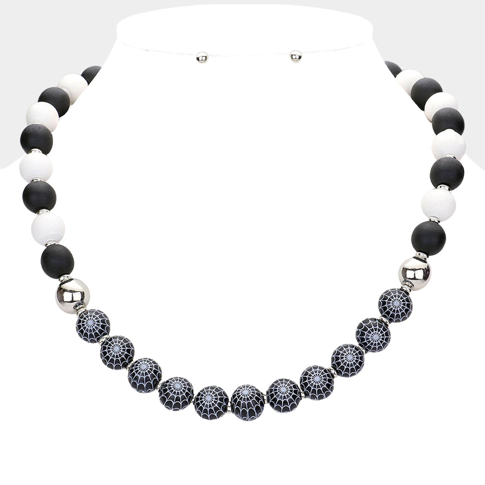 Black Halloween Spider Web Accented Wood Beaded Necklace