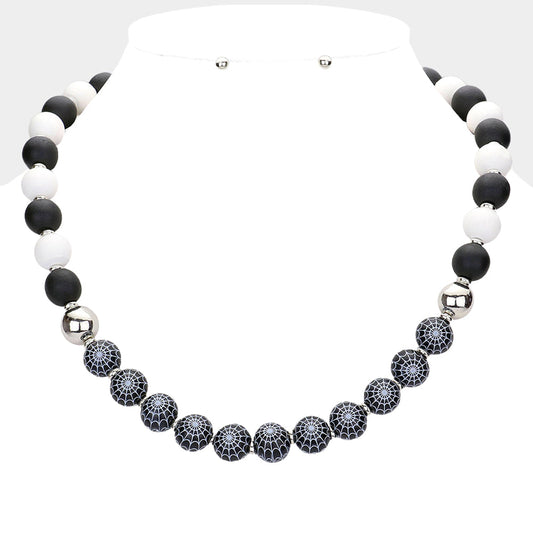 Black Halloween Spider Web Accented Wood Beaded Necklace