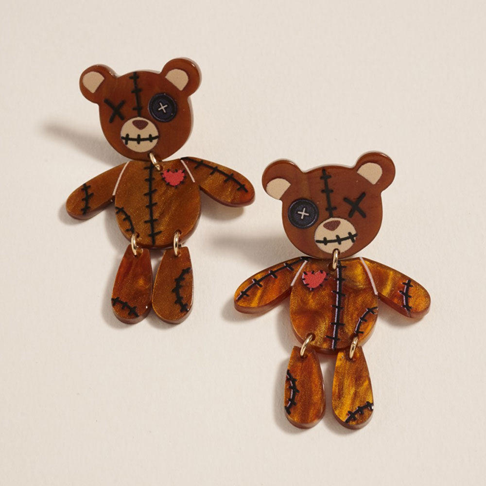 Brown Halloween Stitched Teddy Bear Earrings
