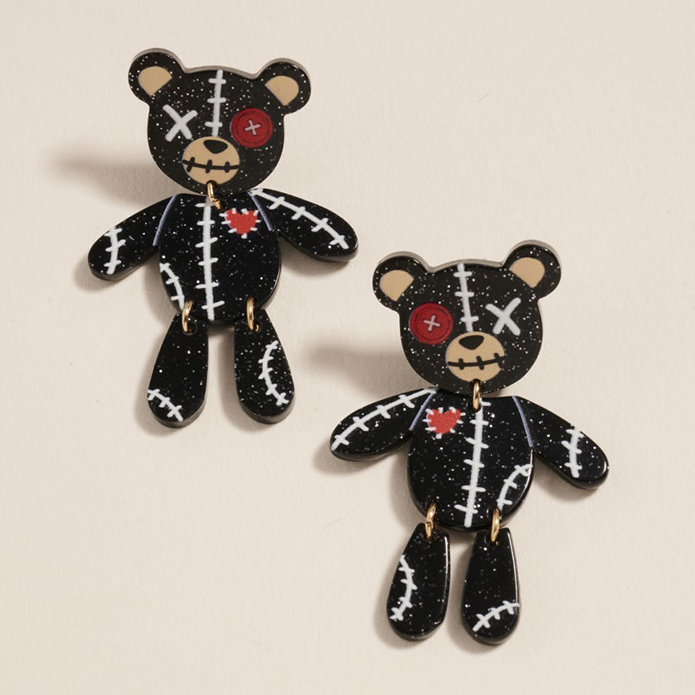Jet Black Halloween Stitched Teddy Bear Earrings