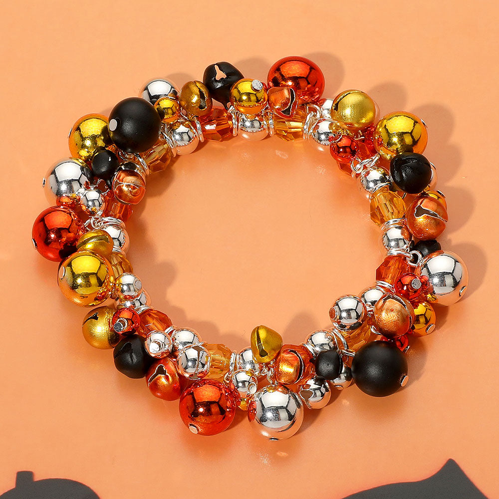Orange, Silver Halloween Themed Color Beaded Stretch Bracelet