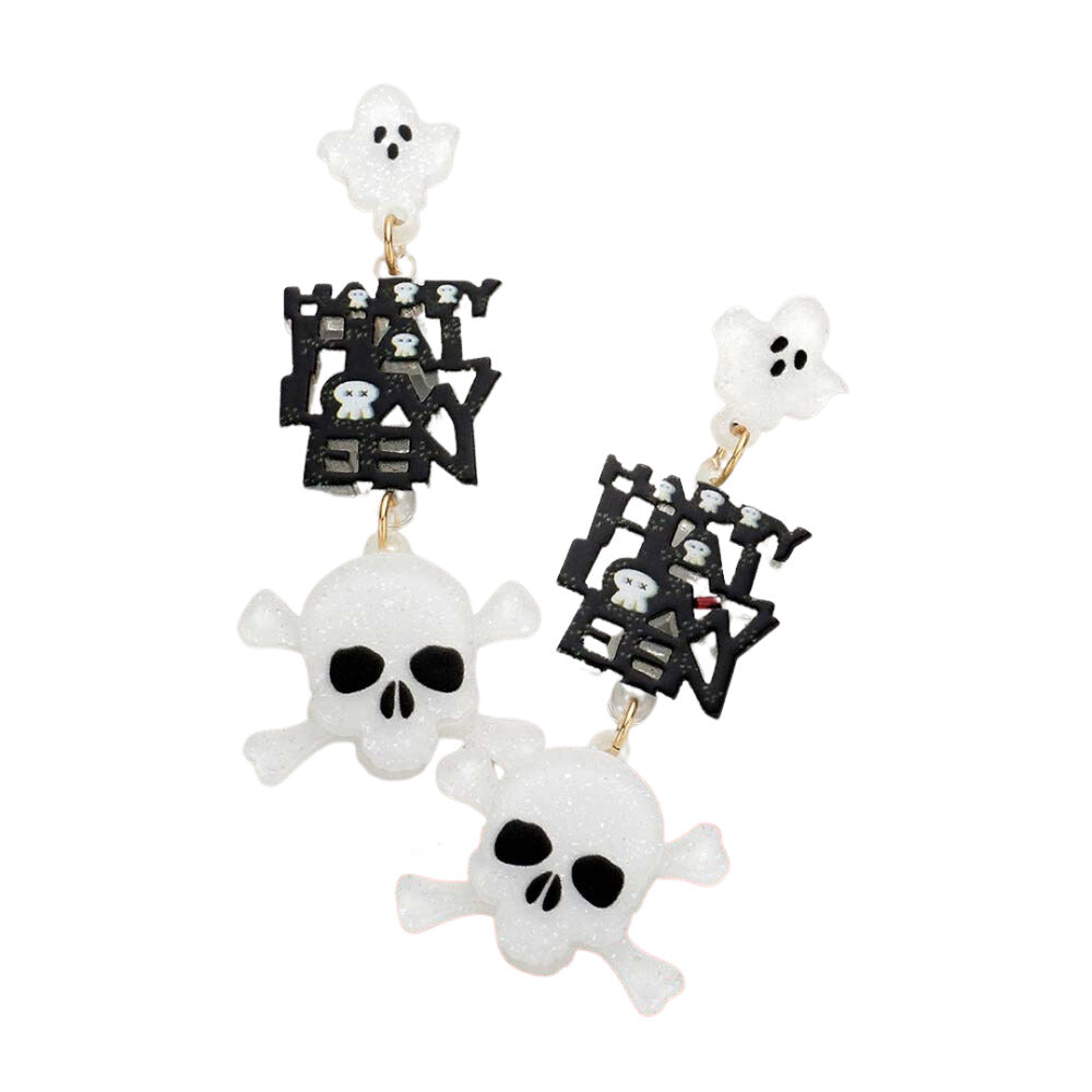 Happy Halloween Message Glittered Resin Ghost Skull Earrings - White - Earrings