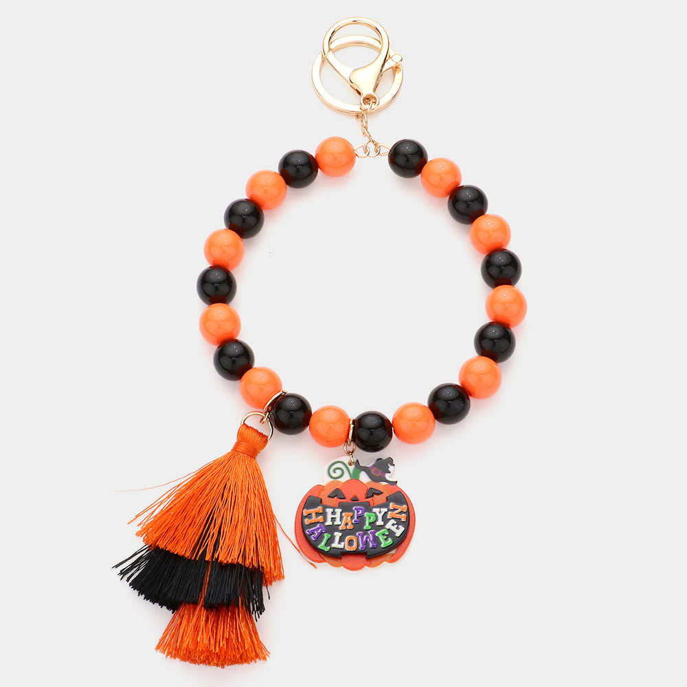 Orange Happy Halloween Message Pumpkin Tassel Charm Beaded Keychain / Bracelet