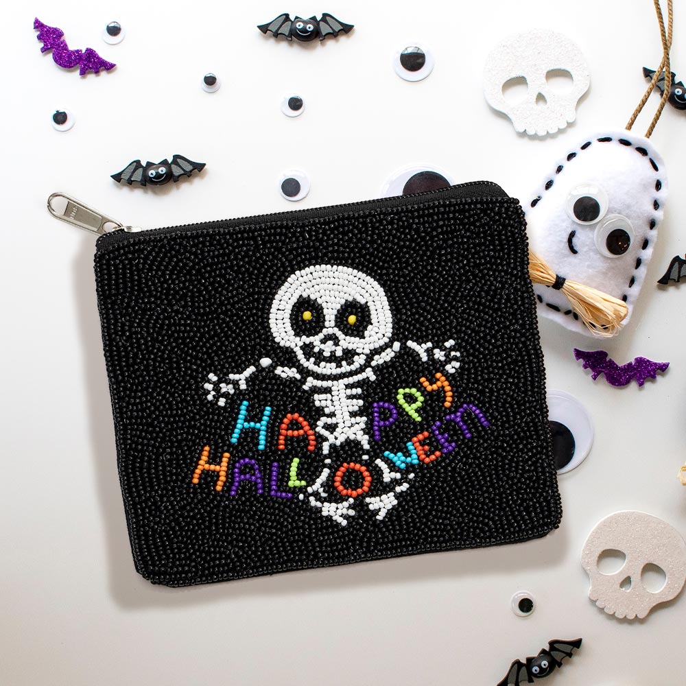 Black Happy Halloween Message Skull Seed Beaded Halloween Mini Pouch Bag