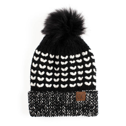 C.C Heart Beanie With Faux Fur Pom
