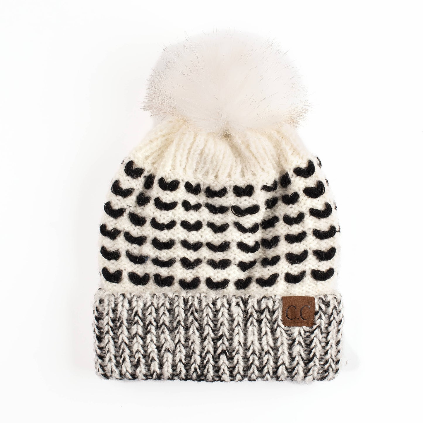 C.C Heart Beanie With Faux Fur Pom
