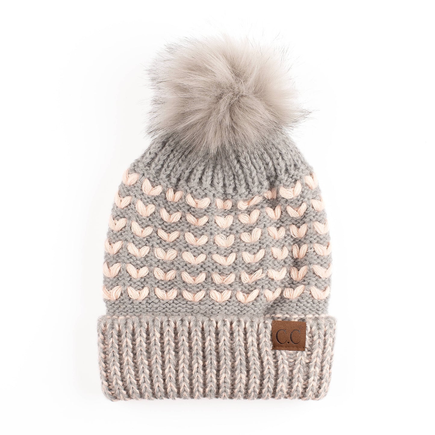 C.C Heart Beanie With Faux Fur Pom