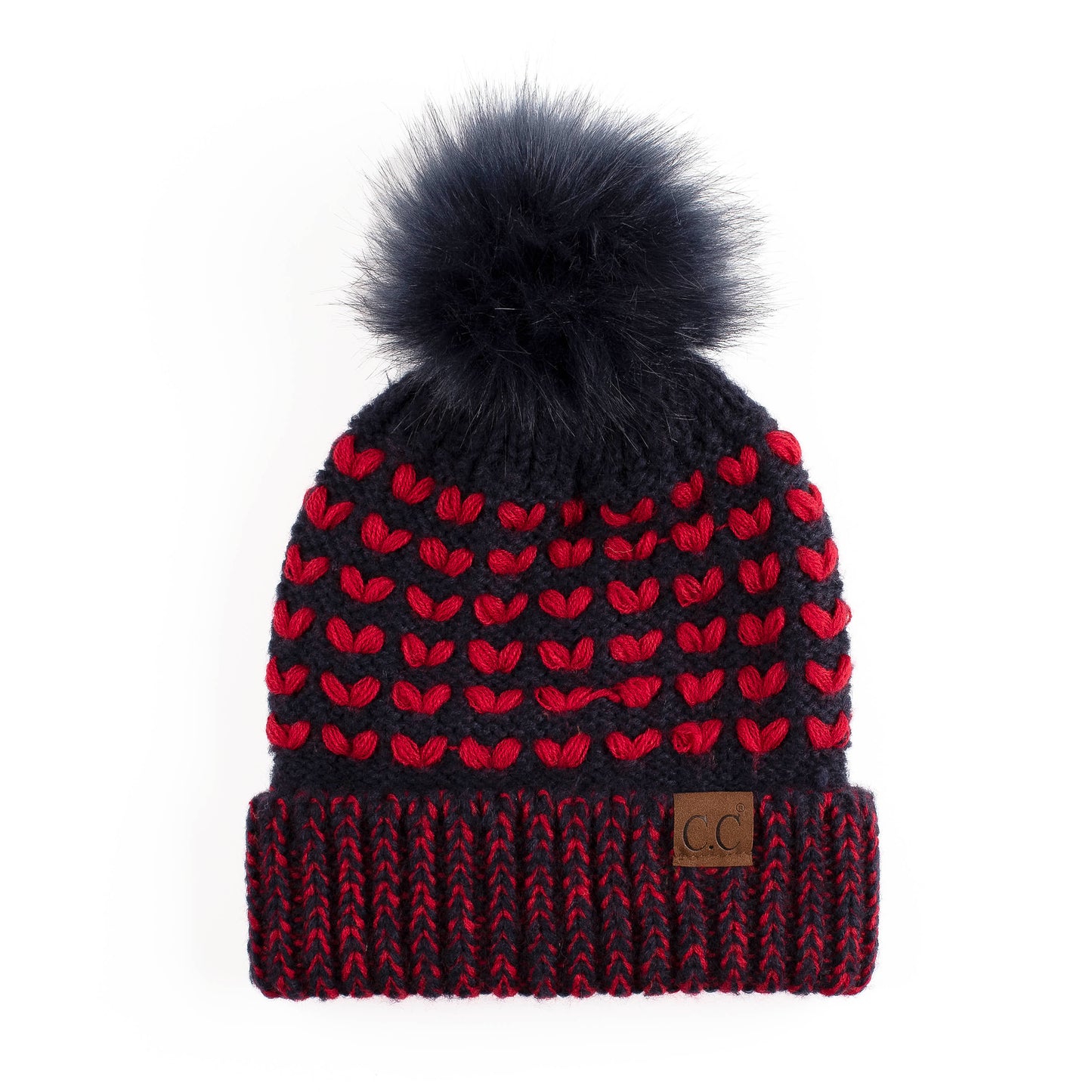 C.C Heart Beanie With Faux Fur Pom