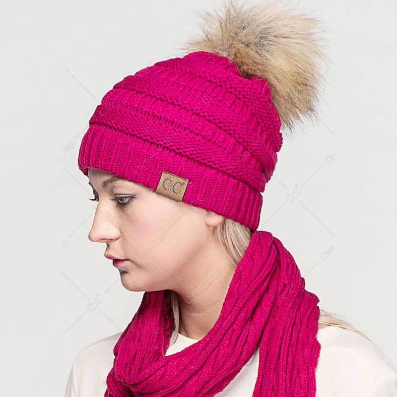 C.C Solid Ribbed Metallic Beanie With Fur Pom Pom