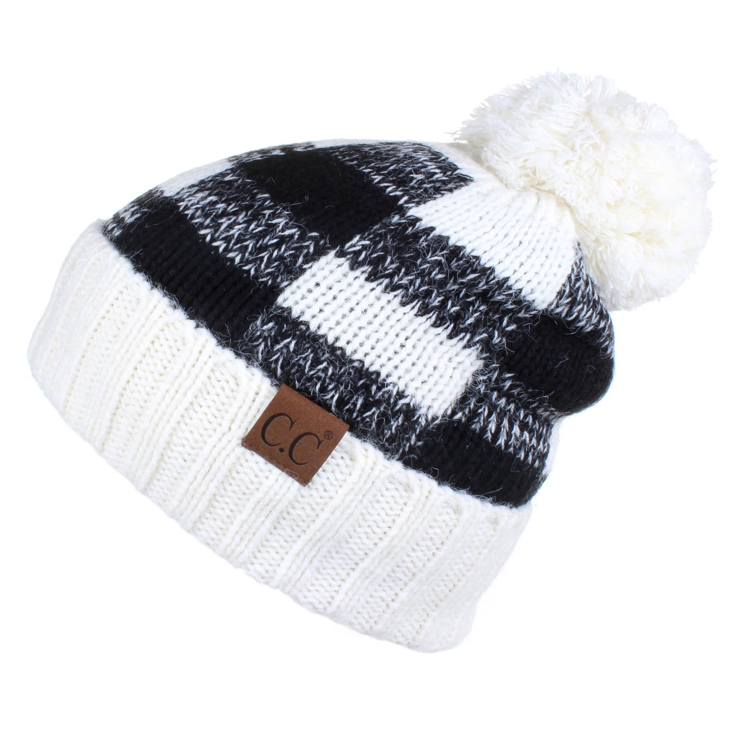 C.C Buffalo Check Pattern Beanie Hat With Fuzzy Lining