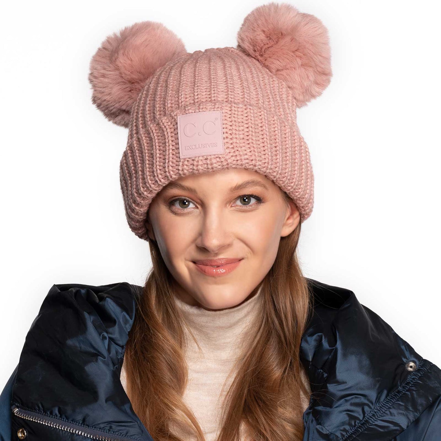 C.C Double Faux Fur Pom Beanie Hat