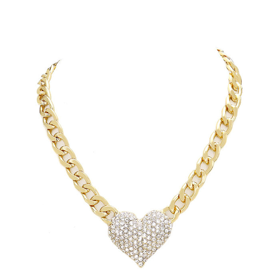 Gold Clear Heart Rhinestone Pave Chunky Metal Chain Necklace, Get ready with these Metal Chain  Necklace, put on a pop of color to complete your ensemble. Perfect for adding just the right amount of shimmer & shine and a touch of class to special events. Perfect Birthday Gift, Anniversary Gift, Mother's Day Gift, Graduation Gift.