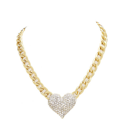 Gold Clear Heart Rhinestone Pave Chunky Metal Chain Necklace, Get ready with these Metal Chain  Necklace, put on a pop of color to complete your ensemble. Perfect for adding just the right amount of shimmer & shine and a touch of class to special events. Perfect Birthday Gift, Anniversary Gift, Mother's Day Gift, Graduation Gift.