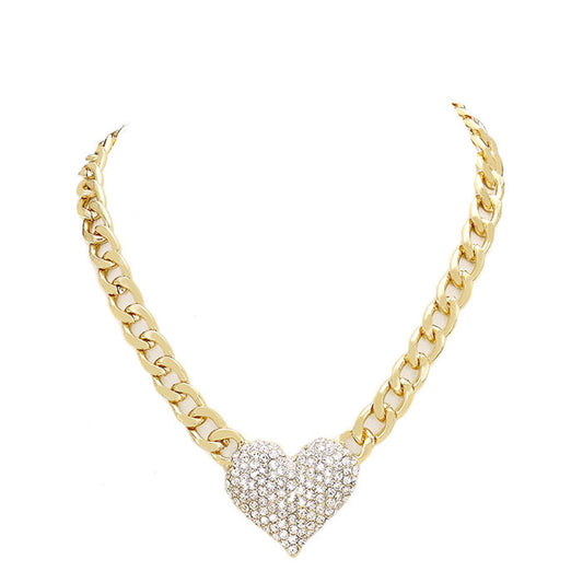 Gold Clear Heart Rhinestone Pave Chunky Metal Chain Necklace, Get ready with these Metal Chain  Necklace, put on a pop of color to complete your ensemble. Perfect for adding just the right amount of shimmer & shine and a touch of class to special events. Perfect Birthday Gift, Anniversary Gift, Mother's Day Gift, Graduation Gift.