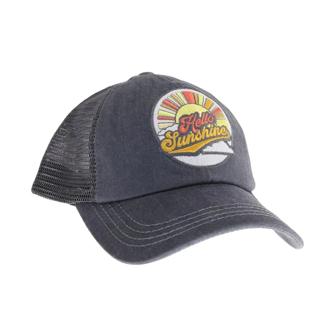 Grey Embroidered Hello Sunshine Patch C.C High Pony Criss Cross Ball Cap combines practical design with stylish details. Featuring a high ponytail opening and crisscross back straps, this cap offers a comfortable fit for active lifestyles. The cheerful "Hello Sunshine" patch adds a positive touch, making it ideal for outdoor activities or casual wear while keeping hair neatly in place. Durable and breathable, it’s a smart choice for those seeking both function and fashion in headwear. 