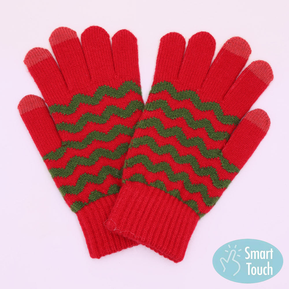 Green, Red Holiday Chevron Pattern Smart Touch Winter Gloves