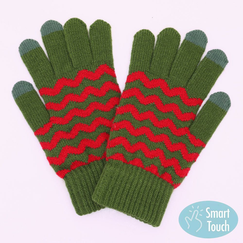Olive Green, Red Holiday Chevron Pattern Smart Touch Winter Gloves