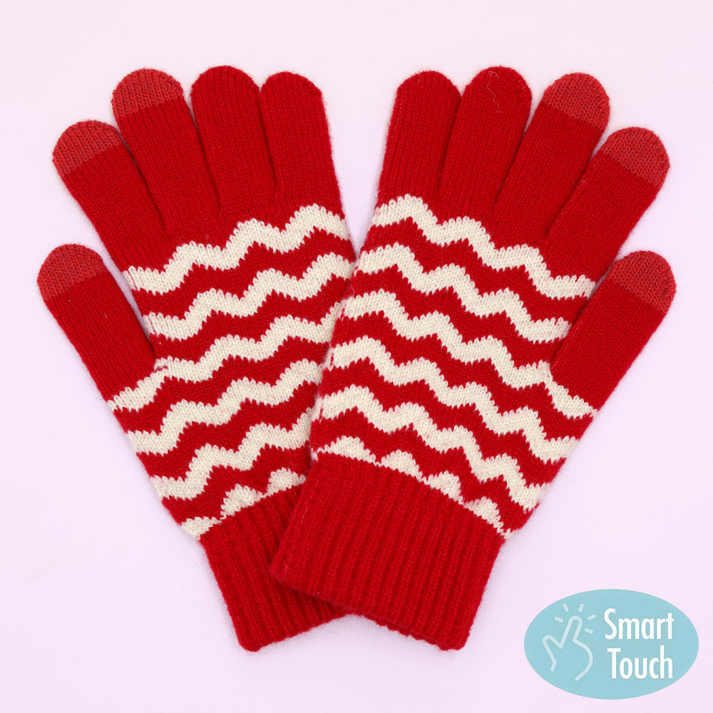 Red Holiday Chevron Pattern Smart Touch Winter Gloves